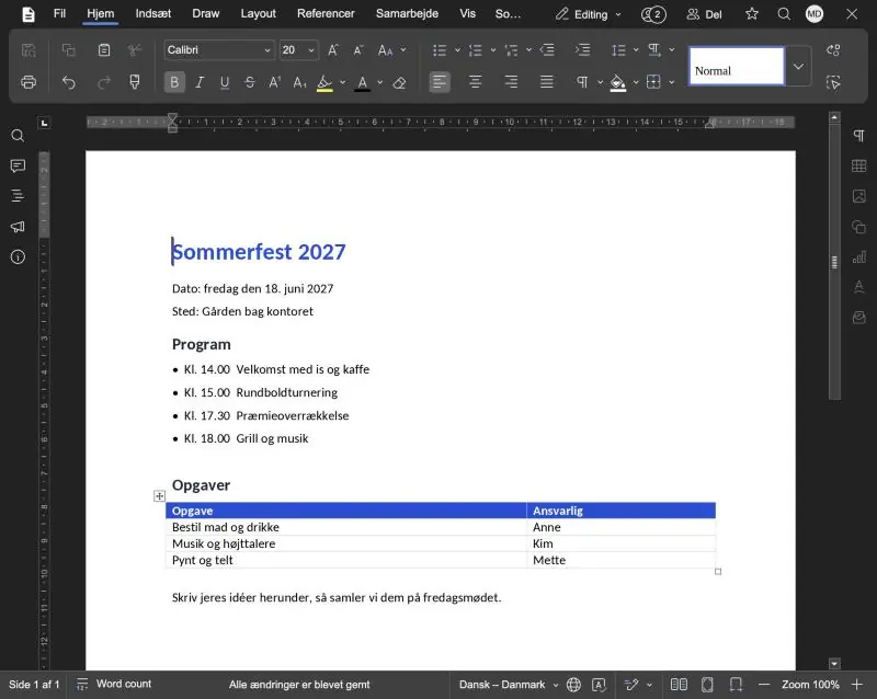 Skærmbillede af et dokument i Euro-Office